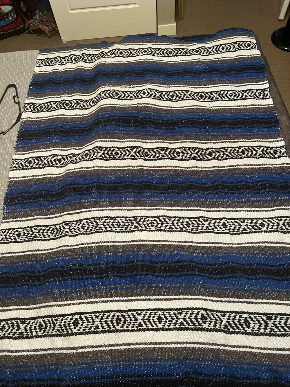 Authentic Mexican Falsa Blanket – Blue, Black & White Serape Throw